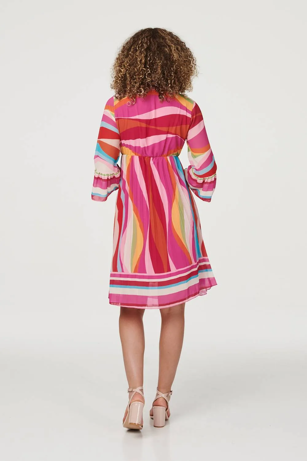 Retro Print 3/4 Sleeve Pleated Dress