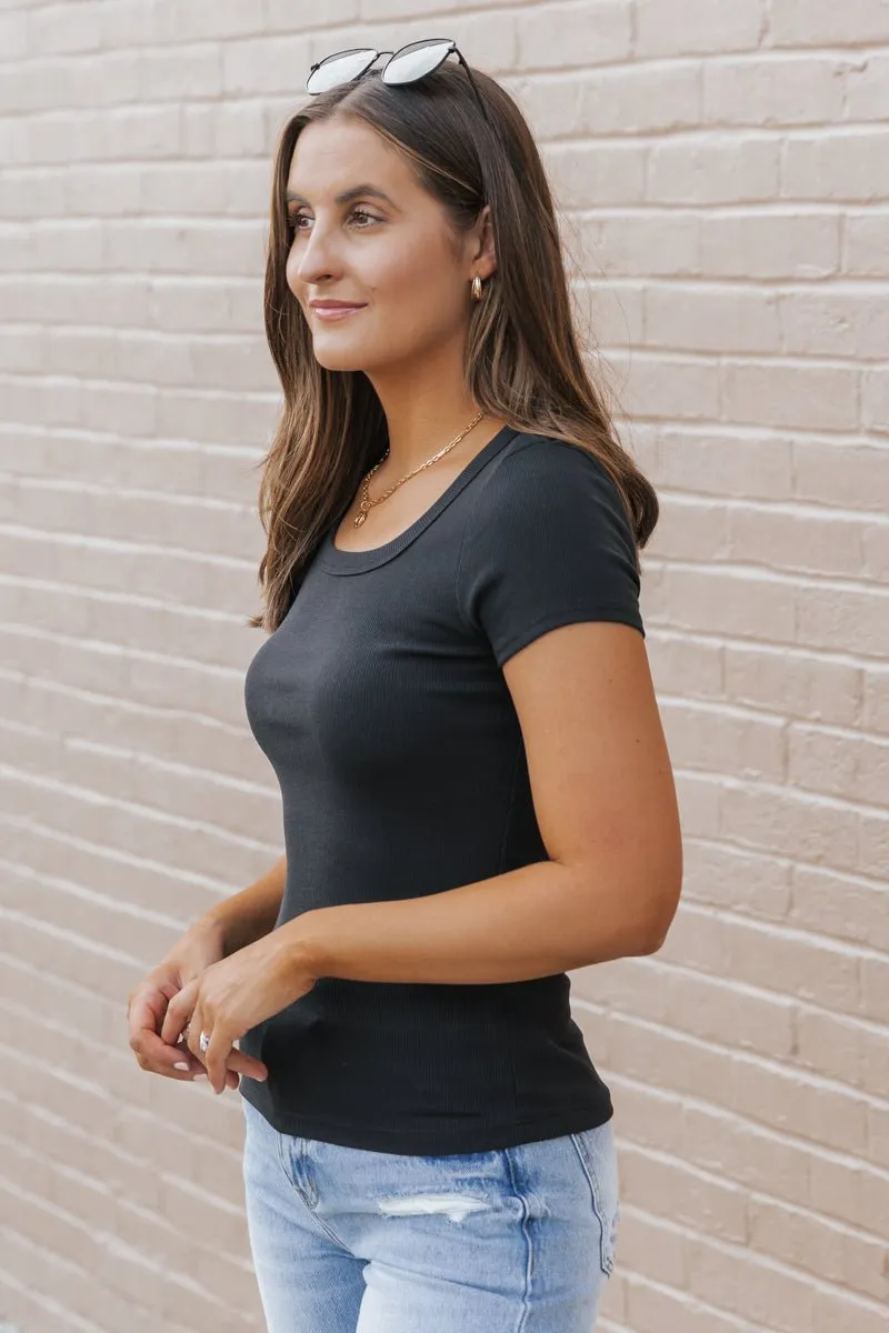 Scoop Neck Ribbed Short Sleeve Top - Black - FINAL SALE