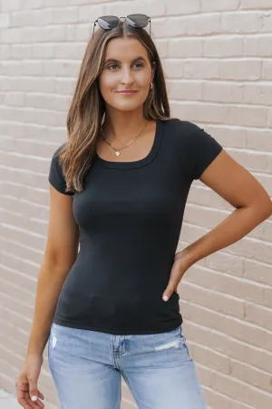 Scoop Neck Ribbed Short Sleeve Top - Black - FINAL SALE