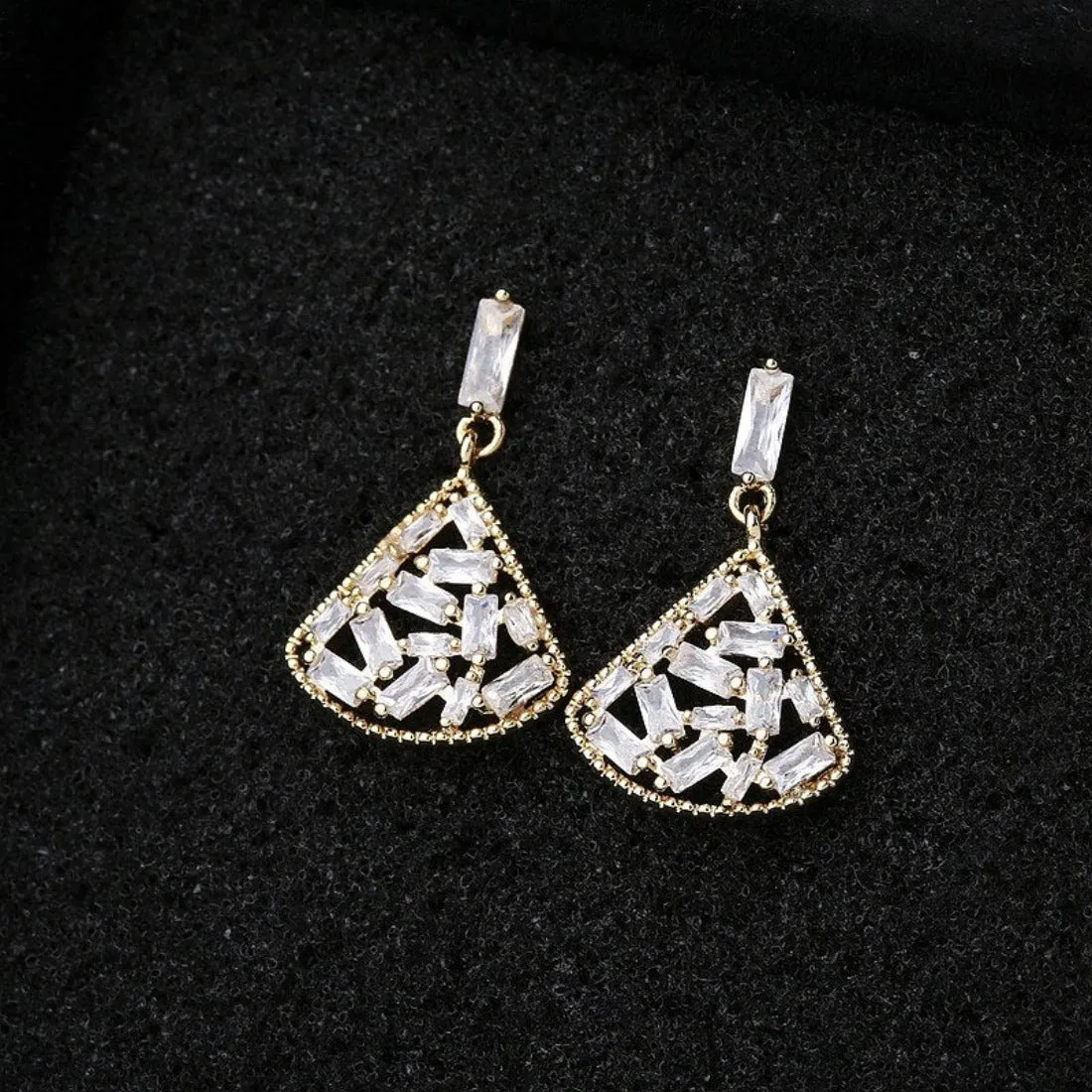 Shining CZ Paved Fan Shaped Drop Stud Earrings