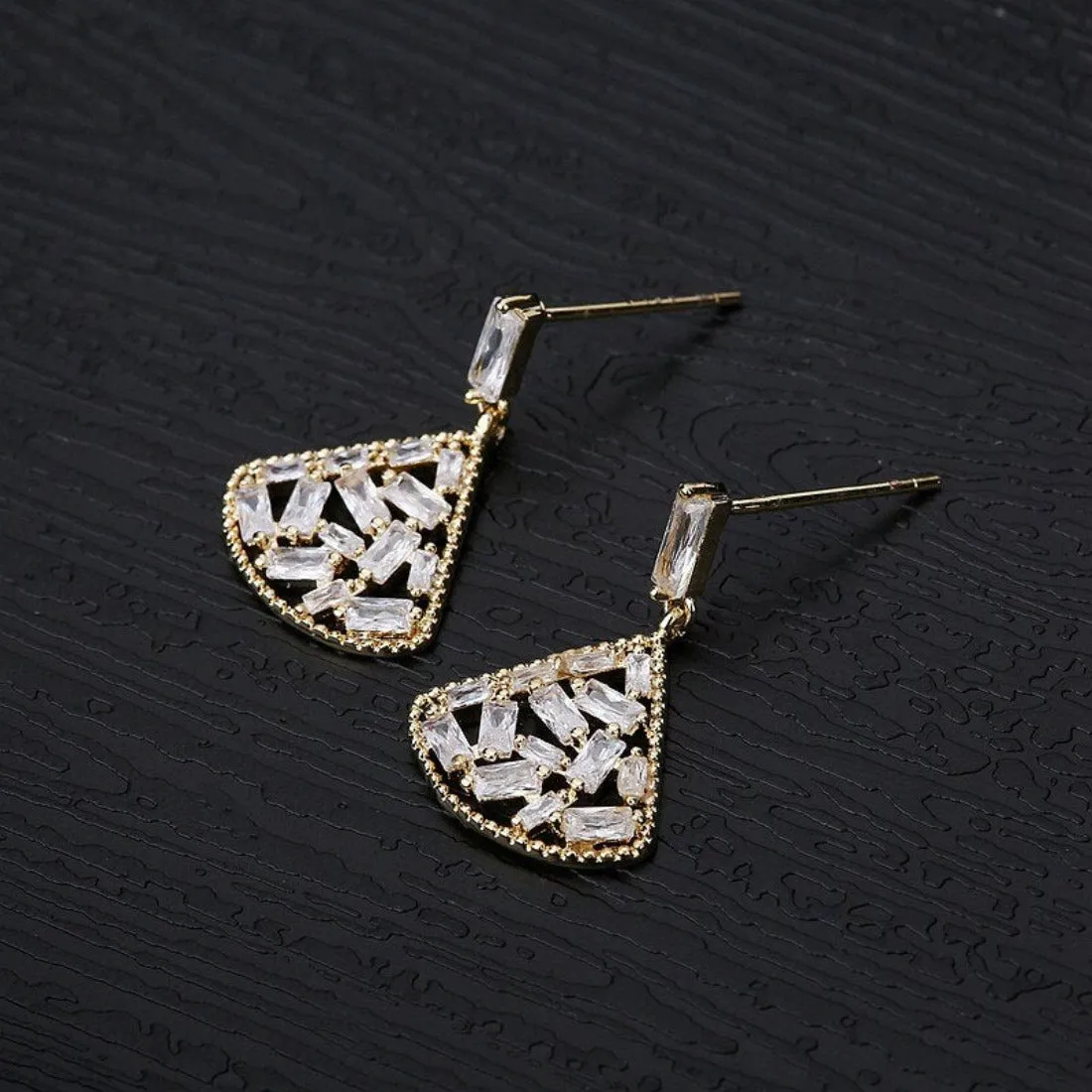 Shining CZ Paved Fan Shaped Drop Stud Earrings