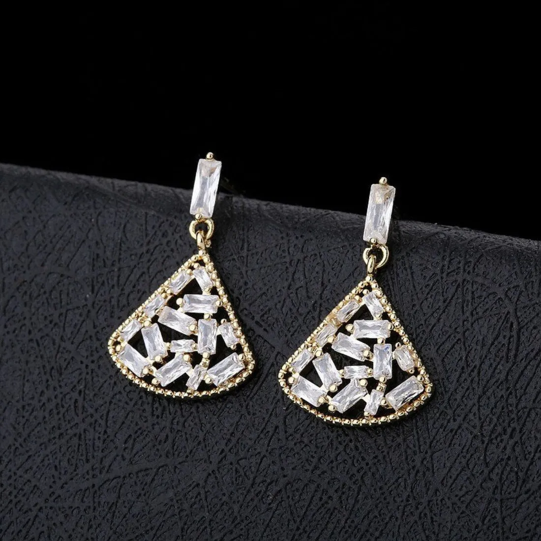 Shining CZ Paved Fan Shaped Drop Stud Earrings