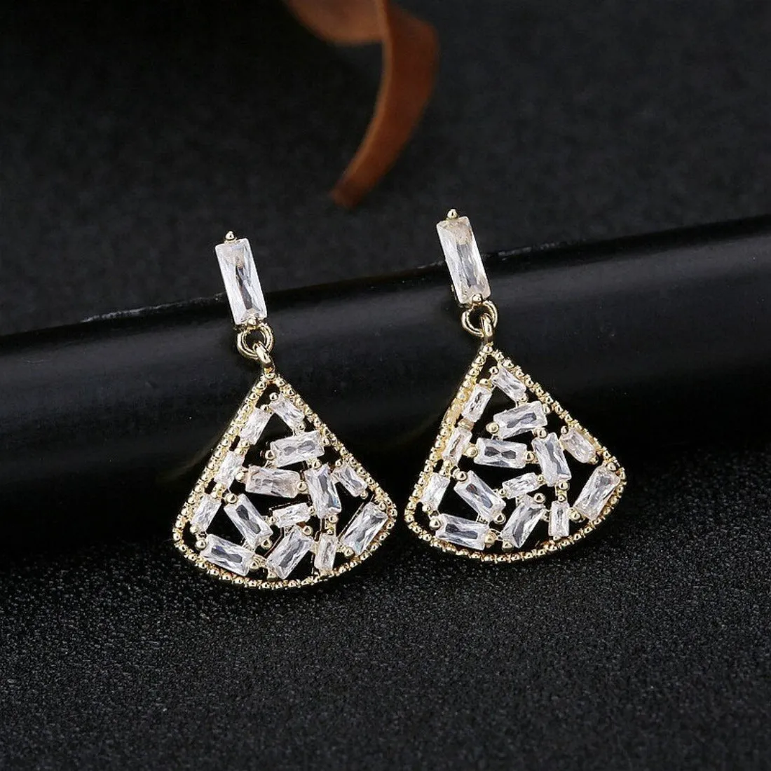 Shining CZ Paved Fan Shaped Drop Stud Earrings