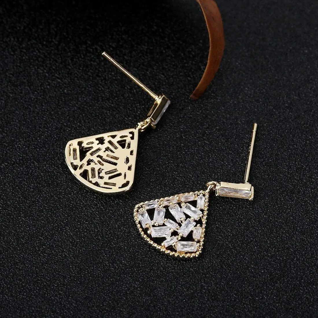 Shining CZ Paved Fan Shaped Drop Stud Earrings