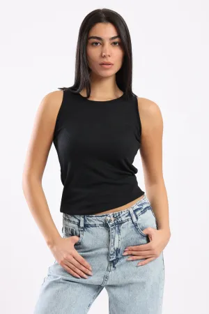 SLEEVELESS KNIT RIBBED TOP - BLACK