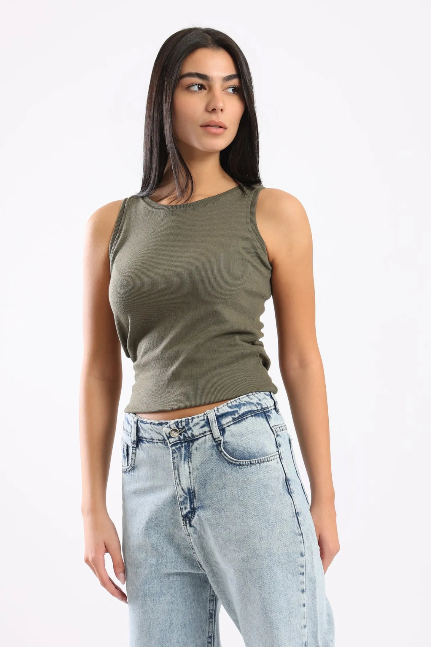 SLEEVELESS KNIT RIBBED TOP - KHAKI