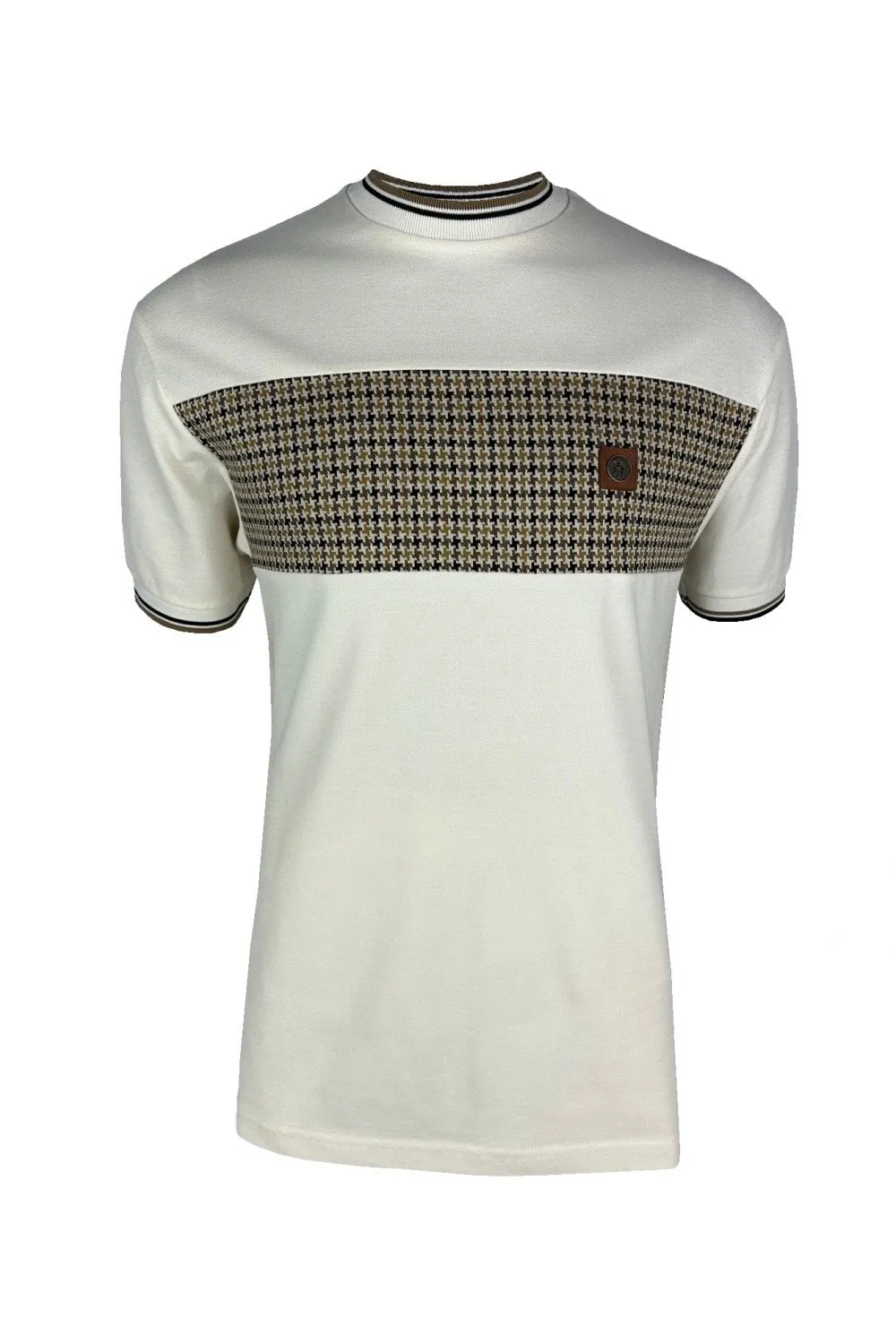 Trojan Records Men's TR8879 SS Houndstooth Panel T Shirt Ecru