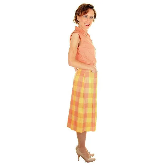 Vintage  Cotton Summer Skirt & Blouse 1950s Peach & Yellow Small