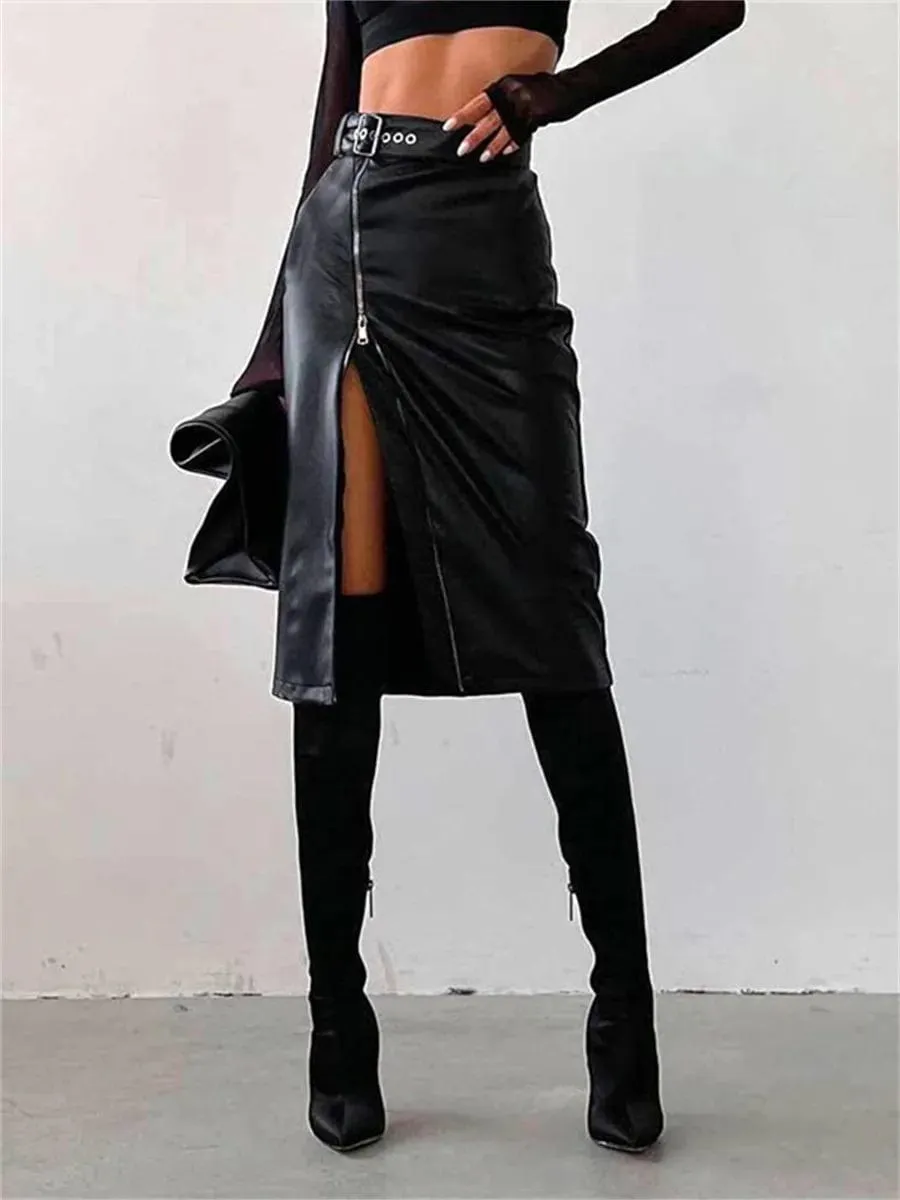 Vintage Streetwear PU Leather High Waist Pencil Skirt - Zipper High Split Midi Skirt with Belt for Women