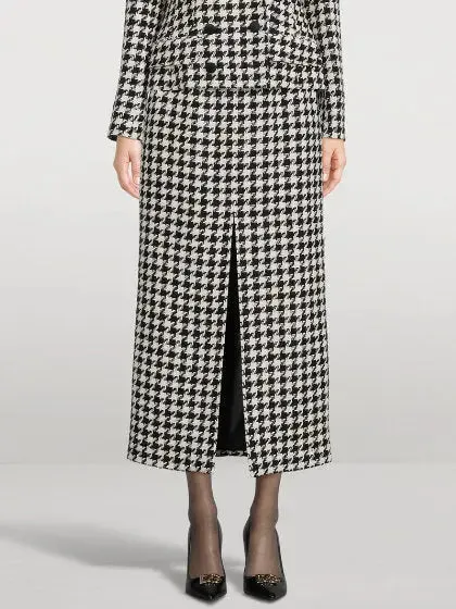 Women’s Black and White Houndstooth Split Midi Skirt