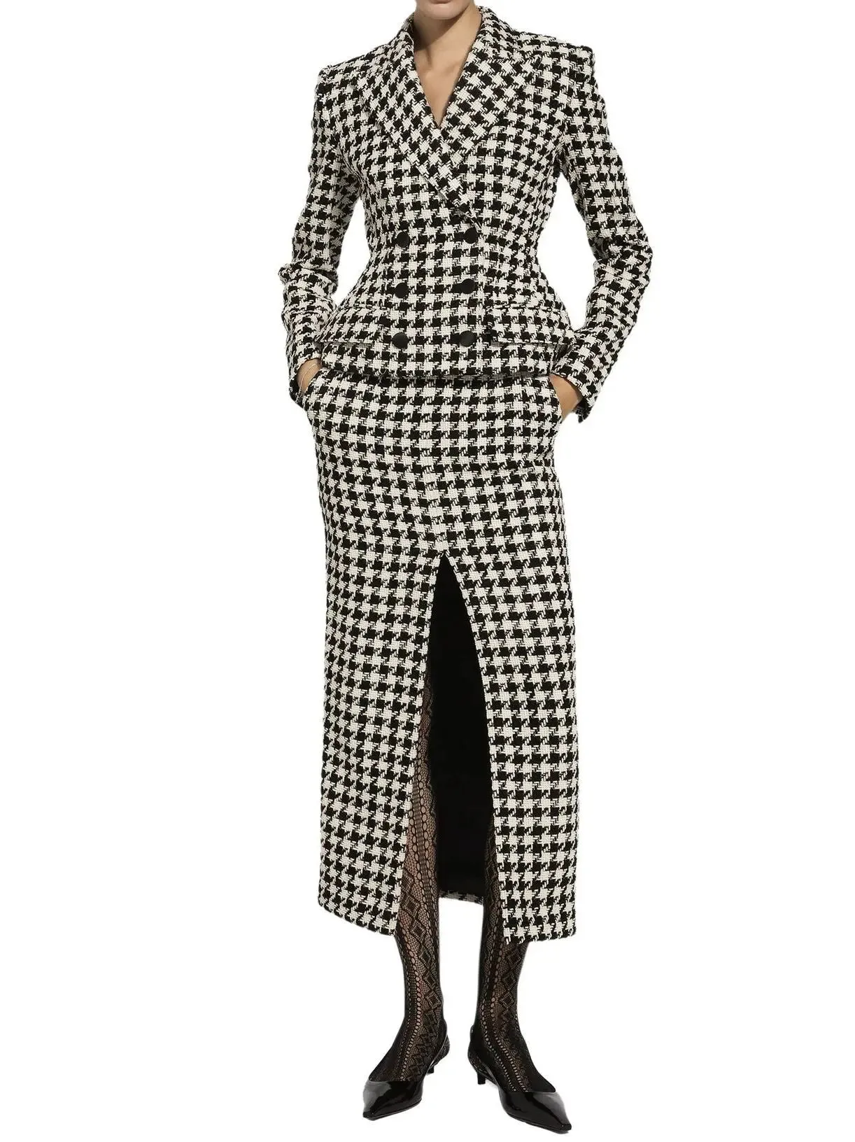 Women’s Black and White Houndstooth Split Midi Skirt