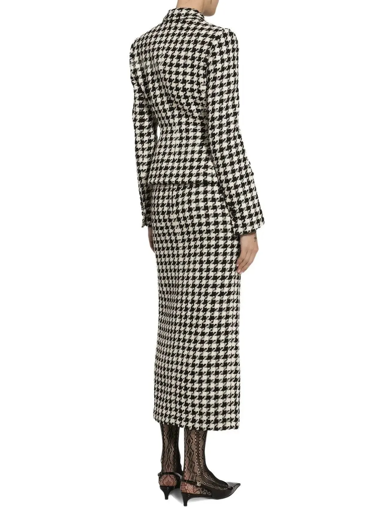 Women’s Black and White Houndstooth Split Midi Skirt