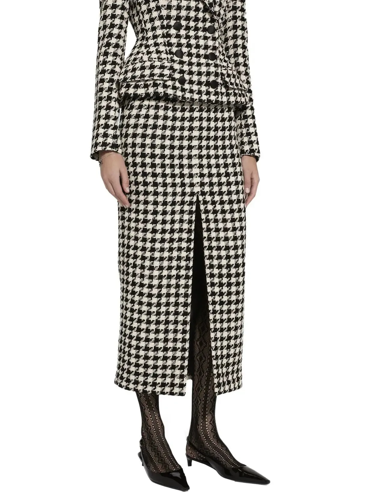 Women’s Black and White Houndstooth Split Midi Skirt