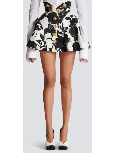 Women’s Black and White Roses Short Tulip Skirt