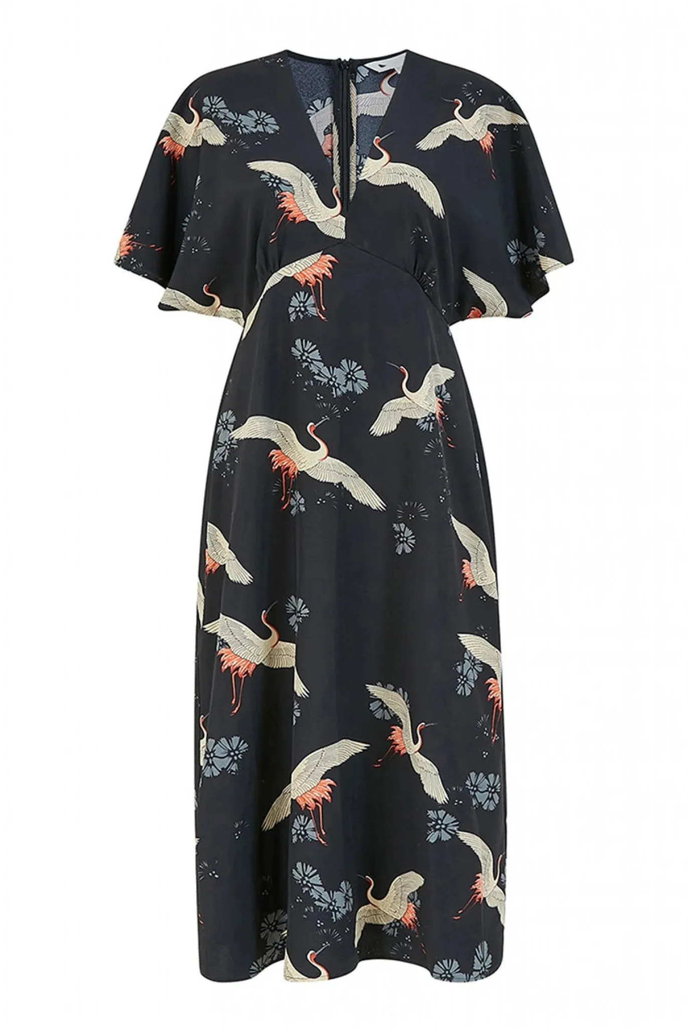 Yumi Black Crane Print Midi Dress